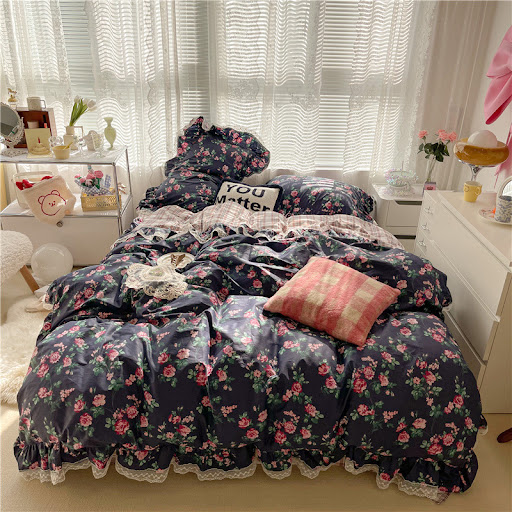 Title 2, Cotton Lace Three-piece Garden Floral Bed Sheet...
