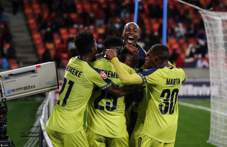 Cape Town City players celebrate after scoring a goal during the Absa Premiership match between against Chippa United at Nelson Mandela Bay Stadium on April 26, 2019 in Port Elizabeth.