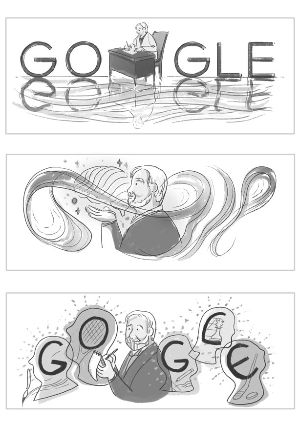 Three black and white illustrations of a man with the Google letters.