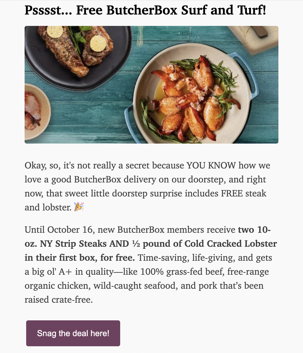 An example of an email ad for ButcherBox with a photo and text about the promo