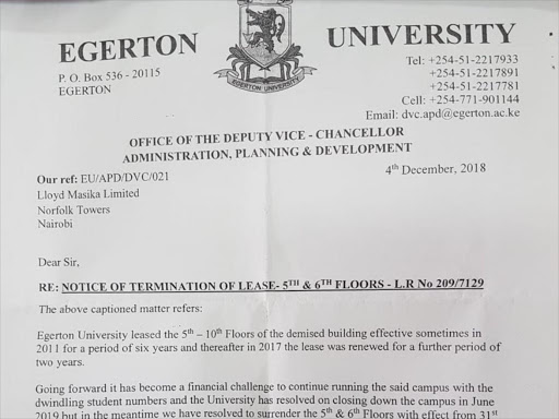 A snippet of the letter to the Stanbank Building landlord informing them of the closure of Egerton's City Campus. /THE STAR