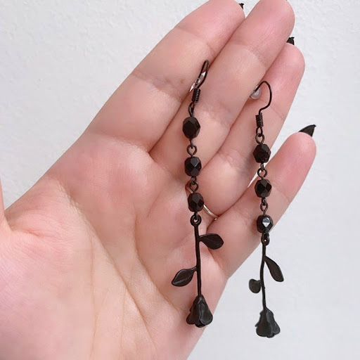 Title 5, French Design Rose Earrings Handmade Black Crys...