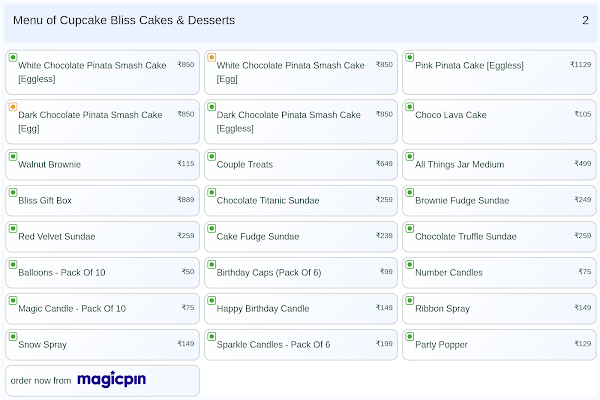 Cupcake Bliss Cakes & Desserts menu 