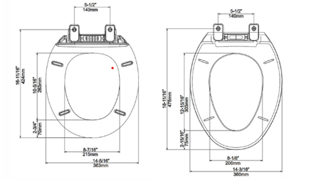 Graph with the dimensions of a toilet seat to show there isn't a width difference in elongated versus round toilets