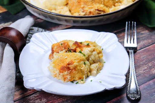 Cauliflower and Cheddar Gratin on a plate.