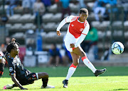 Asanele Velebayi of Cape Town Spurs kicks the ball away during the DStv Premiership match against TS Galaxy at Athlone Stadium in Cape Town on Sunday.