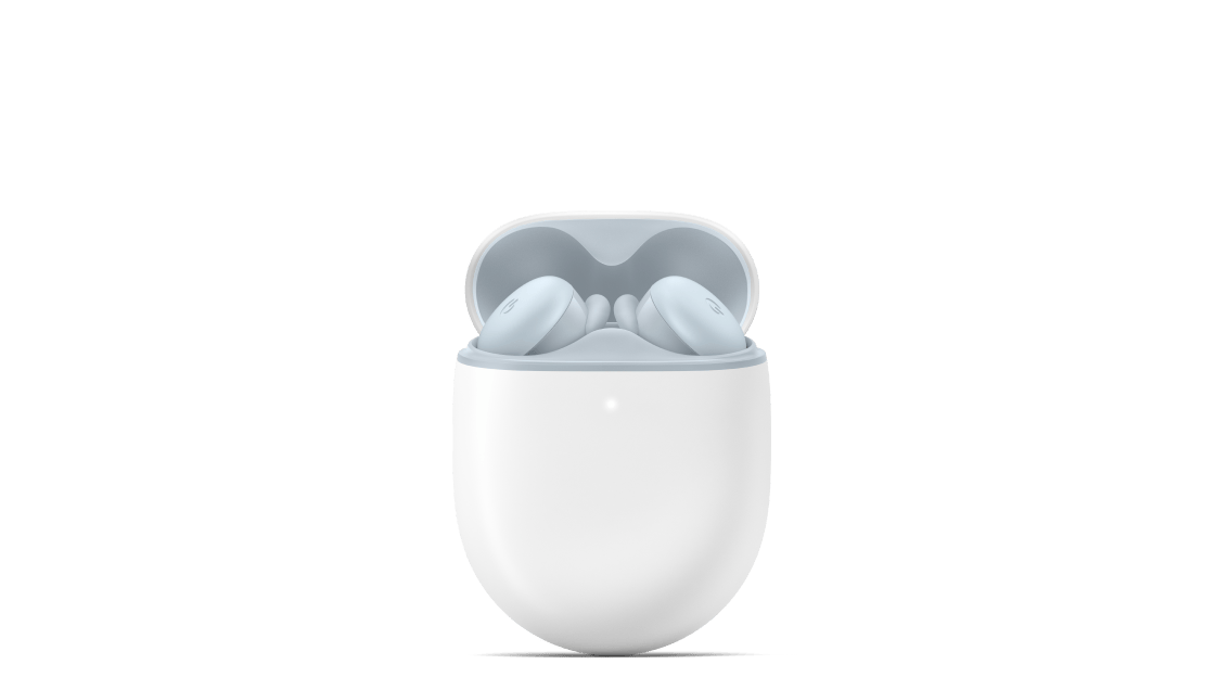 A pair of Pixel Buds A-Series peeking out of their case