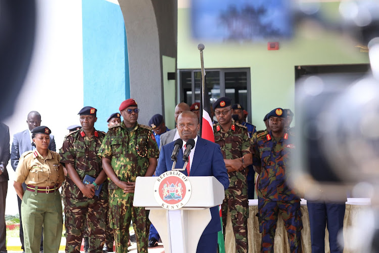 Interior CS Kithure Kindiki speaks at the National Police Service Level 4 Hospital along Mbagathi Way on May 17, 2024.