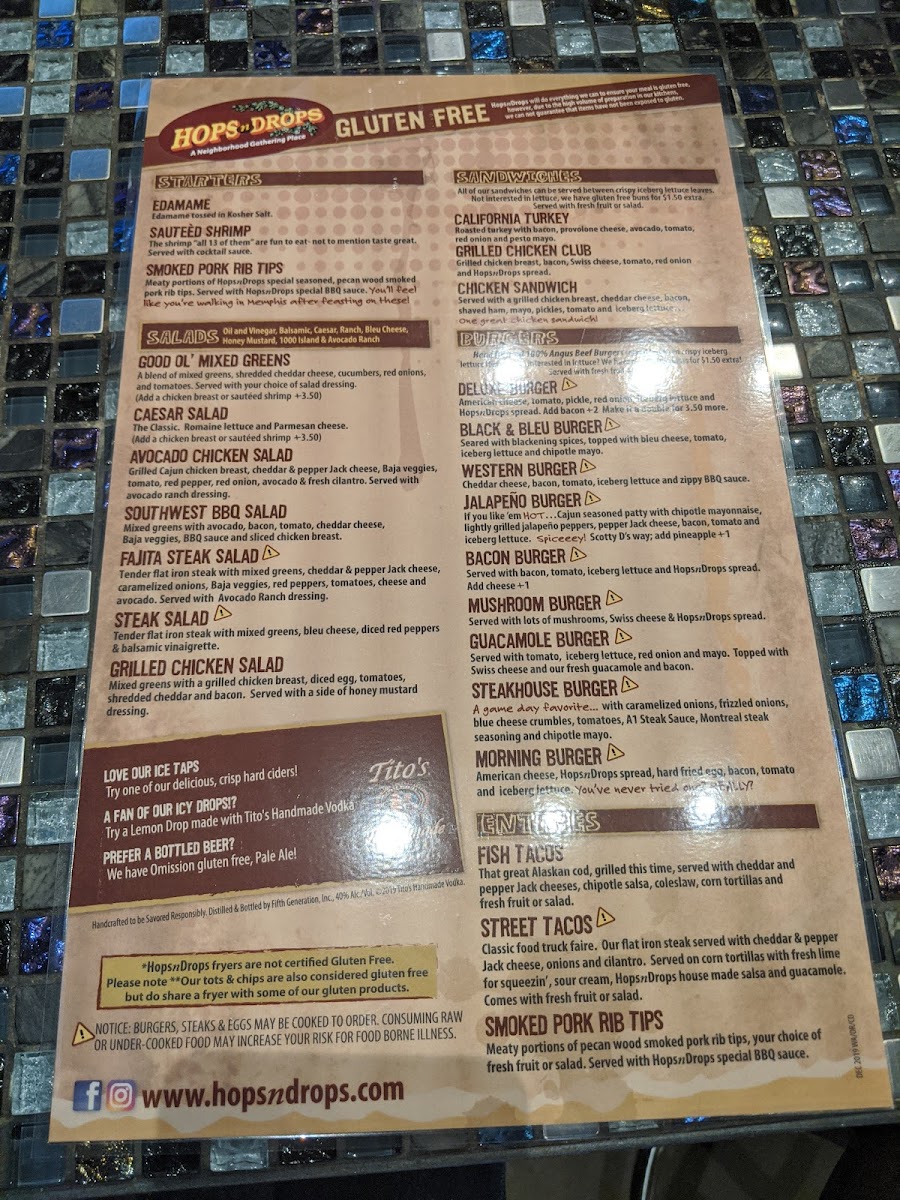 Hops n Drops gluten-free menu