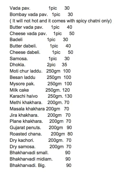 Jai Mataji Farshan & Sweets menu 