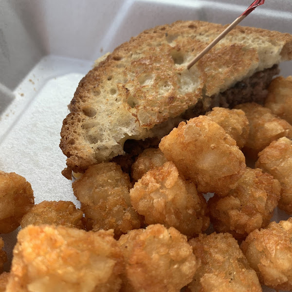 Patty melt with Taylor tots. Yes, they have GF bread (from Rumi’s Passion Bakery) and a separate fryer.