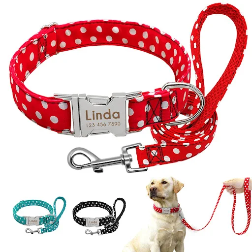 Personalized Dog Collar and Leash Set Reflective Nylon Pet Collars Lead Leash Engraved ID Tag for Small Large Dogs Pitbu