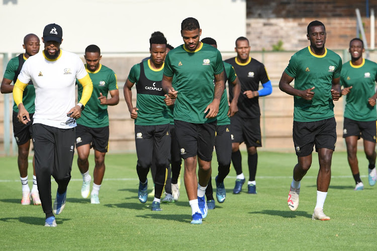 Bafana Bafana players including (left to right) Njabulo Blom (back, obscured), Themba Zwane, Lyle Foster and Siyanda Xulu during their training session at the High Performance Centre at the University of Pretoria on Monday.