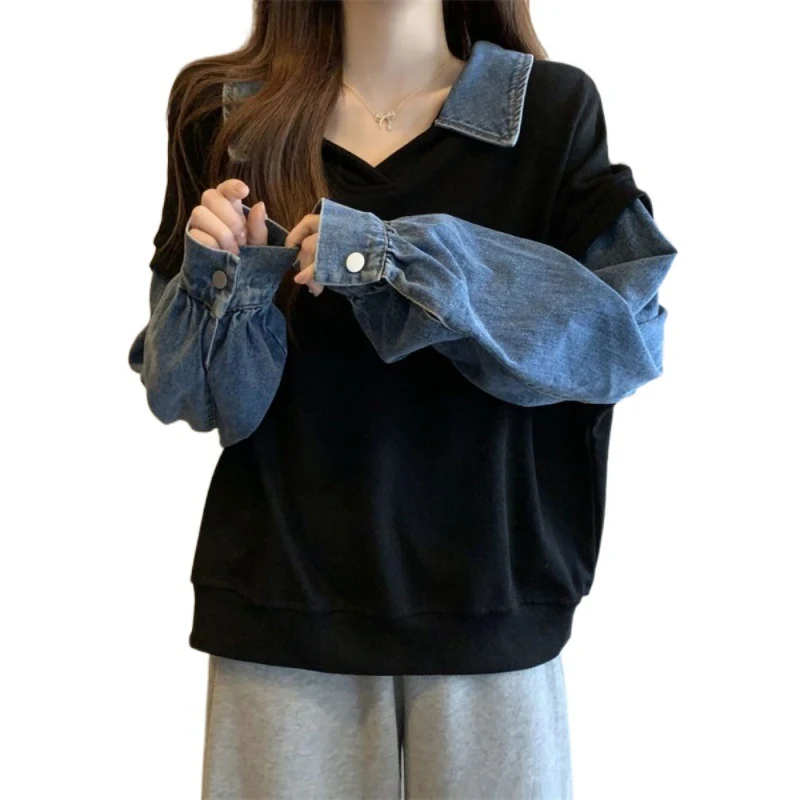 Pulls décontractés amincissants de grande taille avec coutures en denim faux deux pièces