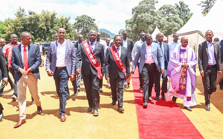 President William Ruto arrives for a fundraiser at Catholic Diocese of Wote, in Unoa Grounds, Makueni County on March 9, 2024.