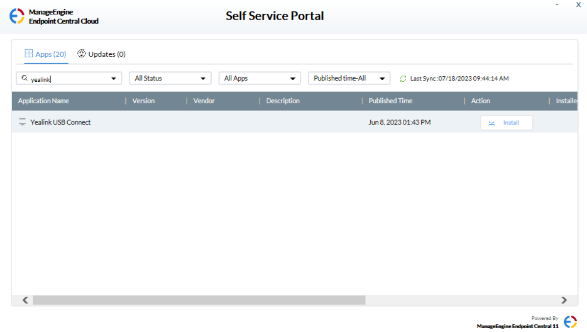 Self Service portal shows yealink and install button