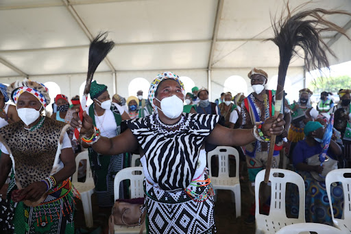 Traditional leaders taking part in the prayer service held in honour of former president Jacob Zuma at People's Park in Moses Mabhida Stadium.