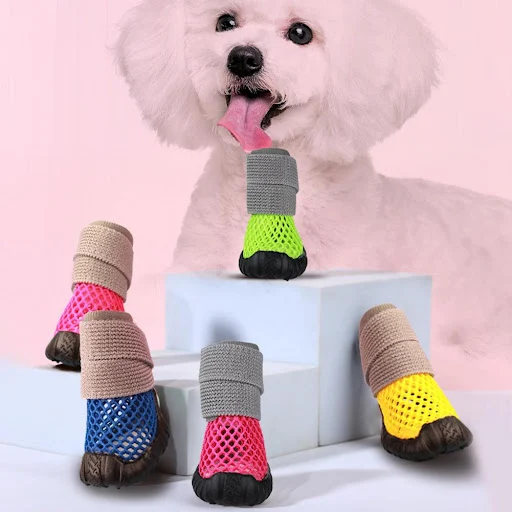 4Pcs Pet Shoes Breathable Net Dog Rain Boots Anti-slip Fastener Tape Fixing Summer Hollow Puppy Dog Teddy Shoes Pet Acce