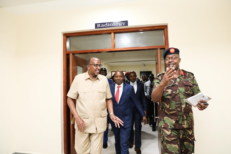 Defence CS Aden Duale and Interior CS Kithure KIndiki during touring the hospital during the handover of the National Police Service Level 4 Hospital along Mbagathi Way on May 17, 2024.