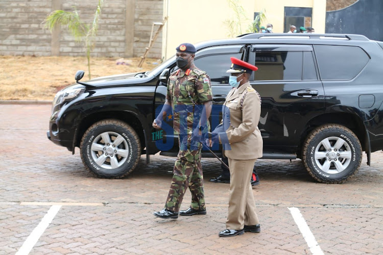 Chief of the Kenya Defence Forces Major General Robert Kibochi arrives at Wang'uru Stadium in Kirinyaga County during the Mashujaa Day Celebrations on October 20, 2021.