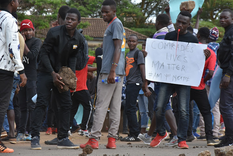 JKUAT students protest against insecurity on Thika Superhighway on Monday before the university was closed indefinitely