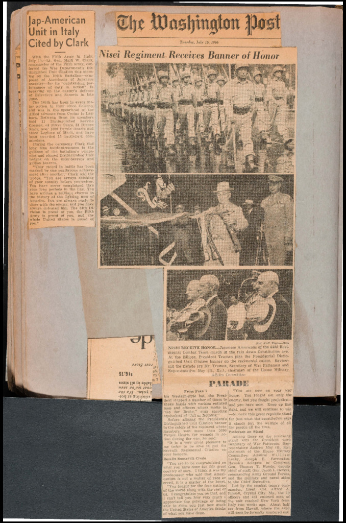 Front page story on the 442nd Regimental Combat Team in The Washington Post on July 16, 1946. The headline reads, “Nisei Regiment Receives Banner of Honor,” and there are three photos of the Nisei soldiers marching and others attending a parade in their honor.