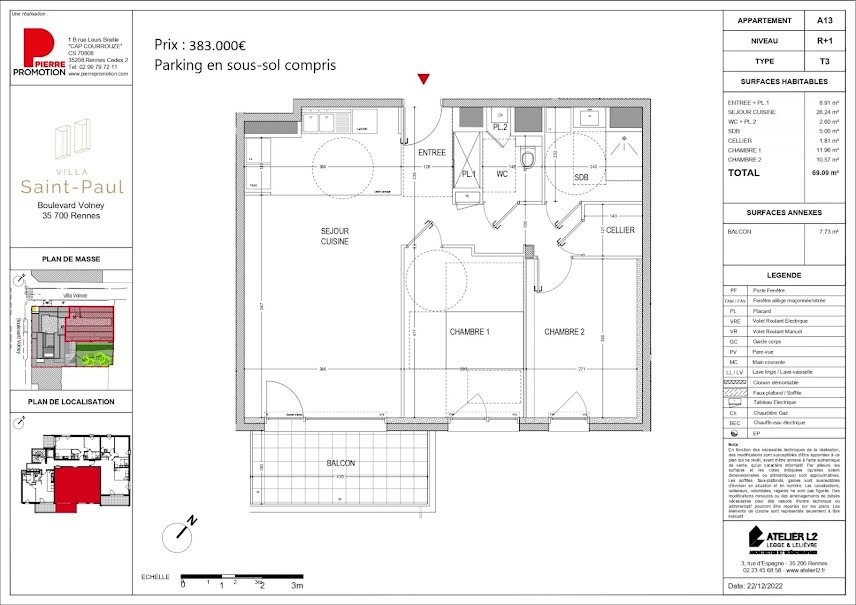 Vente appartement 3 pièces 69.09 m² à Rennes (35000), 383 000 €