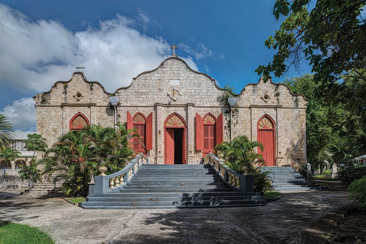 The façade of a Catholic church in St. Croix, U.S. Virgin Islands. 