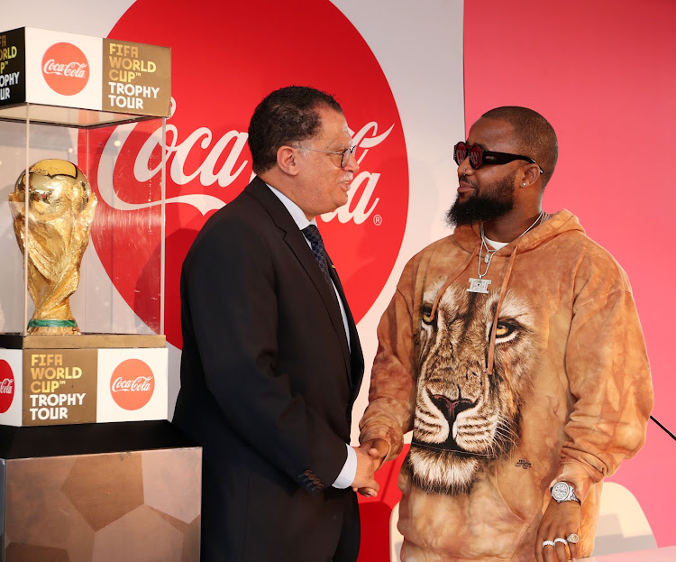 SAFA President, Danny Jordaan with rapper Cassper Nyovest during the 2018 FIFA Worl Cup Trophy Tour and Coca-Cola at Bonaero Park, Johannesburg South Africa on the 01 March 2018.