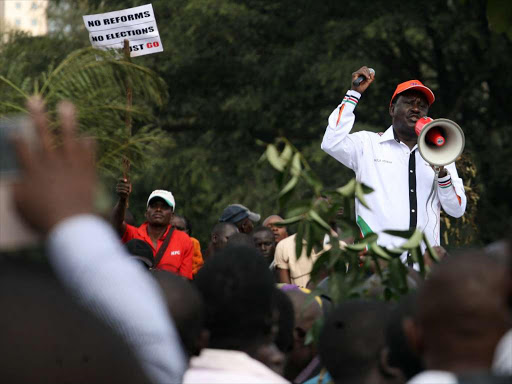 A file photo of NASA leader Raila Odinga addressing supporters at Uhuru Park. /ENOS TECHE