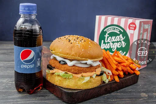 Chicken Burger With Peri Peri French Fries And Soft Beverage [250 Ml]