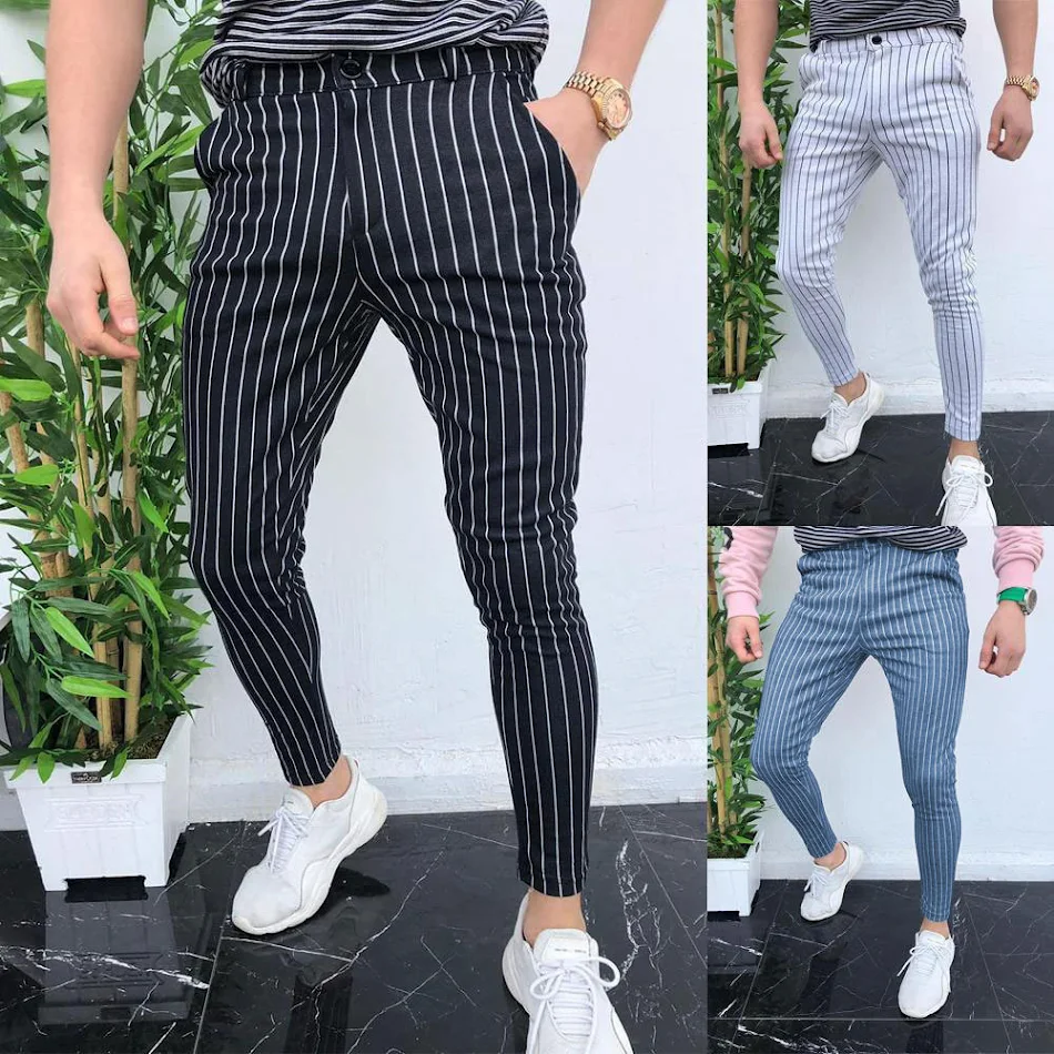 Calças casuais listradas masculinas estilo europeu e americano, confortáveis e estilosas, perfeitas para uso diário e momentos de lazer.