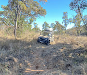 The author's Suzuki Jimny approaches a riverbed crossing on the Marakele national park eco 4x4 trail.