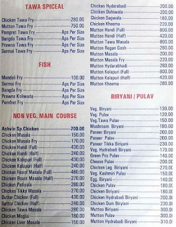 Ashvin Palace Resto. & Bar menu 