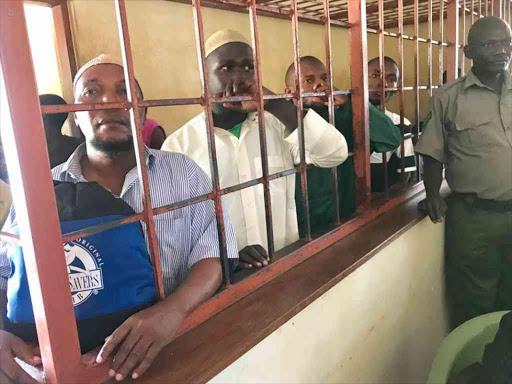 Terror suspects Yayha Salim, Mohamed Anguso, Abdhallah Ramadhan and Julius Mwandenzi before Shanzu senior principal magistrate Diana Mochache, June 19, 2017. /ELKANA JACOB