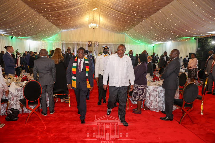 President Uhuru Kenyatta and Zimbabwe President Mnangagwa during the State House dinner on March 9, 2022.