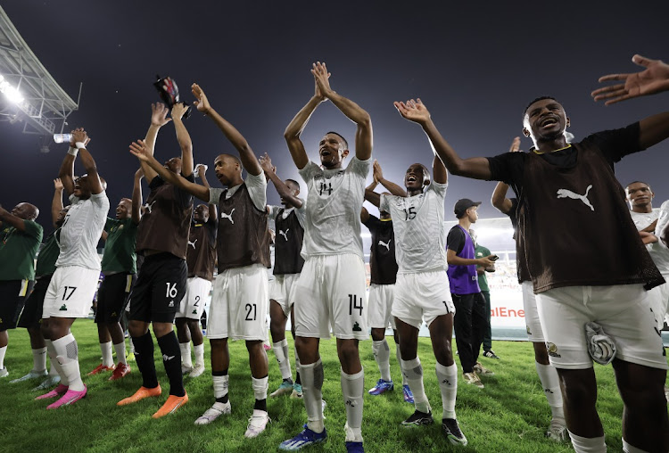 Mothobi Mvala of South Africa (c) leads players in celebration during the 2023 Africa Cup of Nations Last 16 match between Morocco and South Africa at Laurent Pokou Stadium , San Pedro, Cote dIvoire on 30 January 2024.