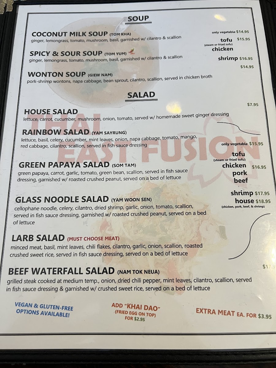 THAI EAST FUSION gluten-free menu