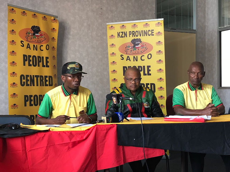 (From left to right) Sanco's KZN spokesman Sanele Mbambo, provincial secretary Richard Mkhungo and David Zulu from the civic moment's veterans desk during a media briefing in Durban on August 20, 2018.