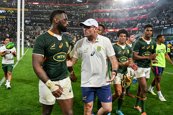 Springbok coach Jacques Nienaber in conversation with captain Siya Kolisi after the Rugby Championship match against Argentina at Kings Park in September.