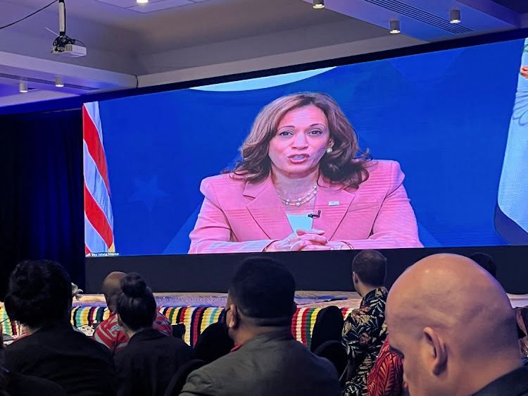 US Vice-President Kamala Harris on a video screen during the Pacific Islands Forum at the Grand Pacific Hotel in Suva, Fiji, on July 13 2022. Picture: REUTERS/KIRSTY NEEDHAM