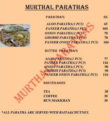 Murthal Parathas menu 