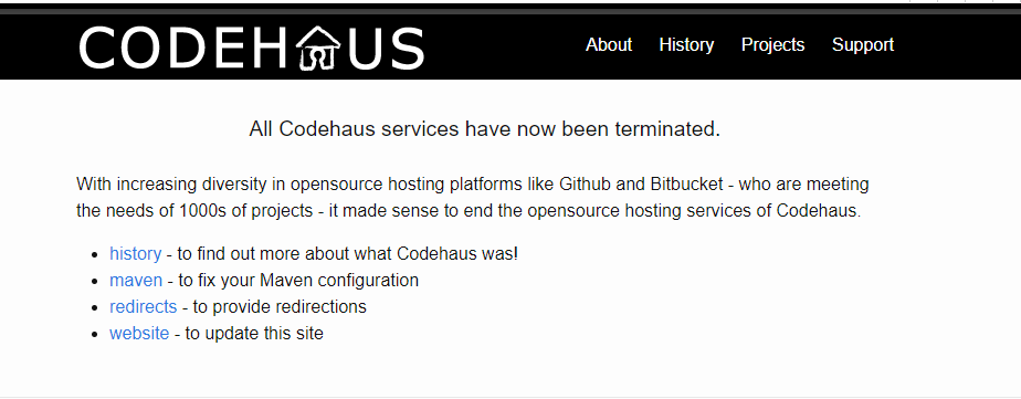 Screenshot in White Oak Security's Boo language blog is the Codehause webpage that has been terminated. Image from: https://web.archive.org/web/20160302031616/http://www.codehaus.org/