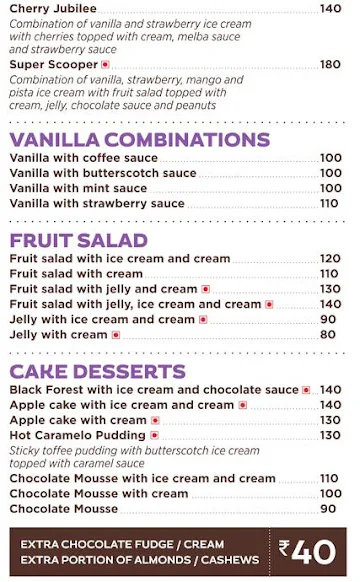 Corner House Ice Cream menu 