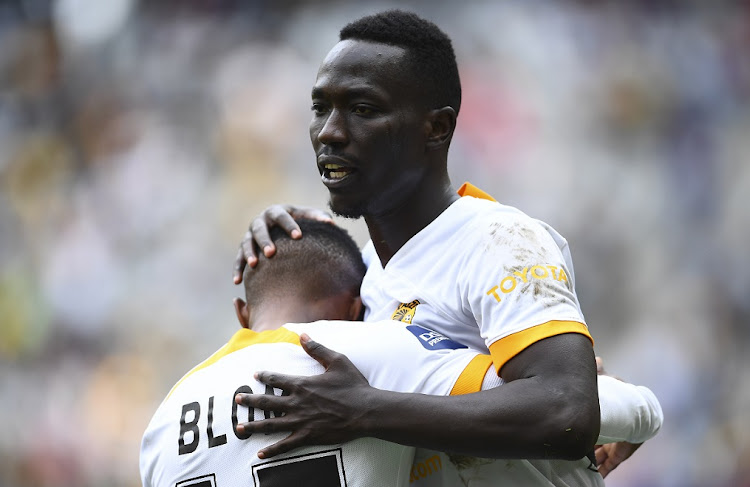 Kaizer Chiefs' Bonfils-Caleb Bimenyimana celebrates with teammate Njabulo Blom after scoring in the DStv Premiership match against Stellenbosch FC at Cape Town Stadium on October 9 2022.