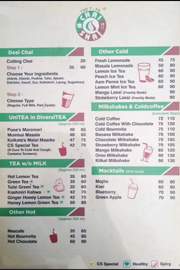 Chai Shai menu 