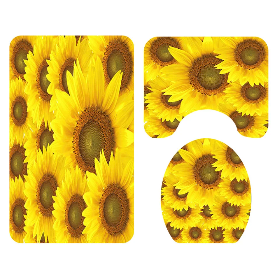 Cortina de ducha con estampado de girasoles, juego de cuatro piezas con alfombra, transforma tu baño con estilo y funcionalidad.