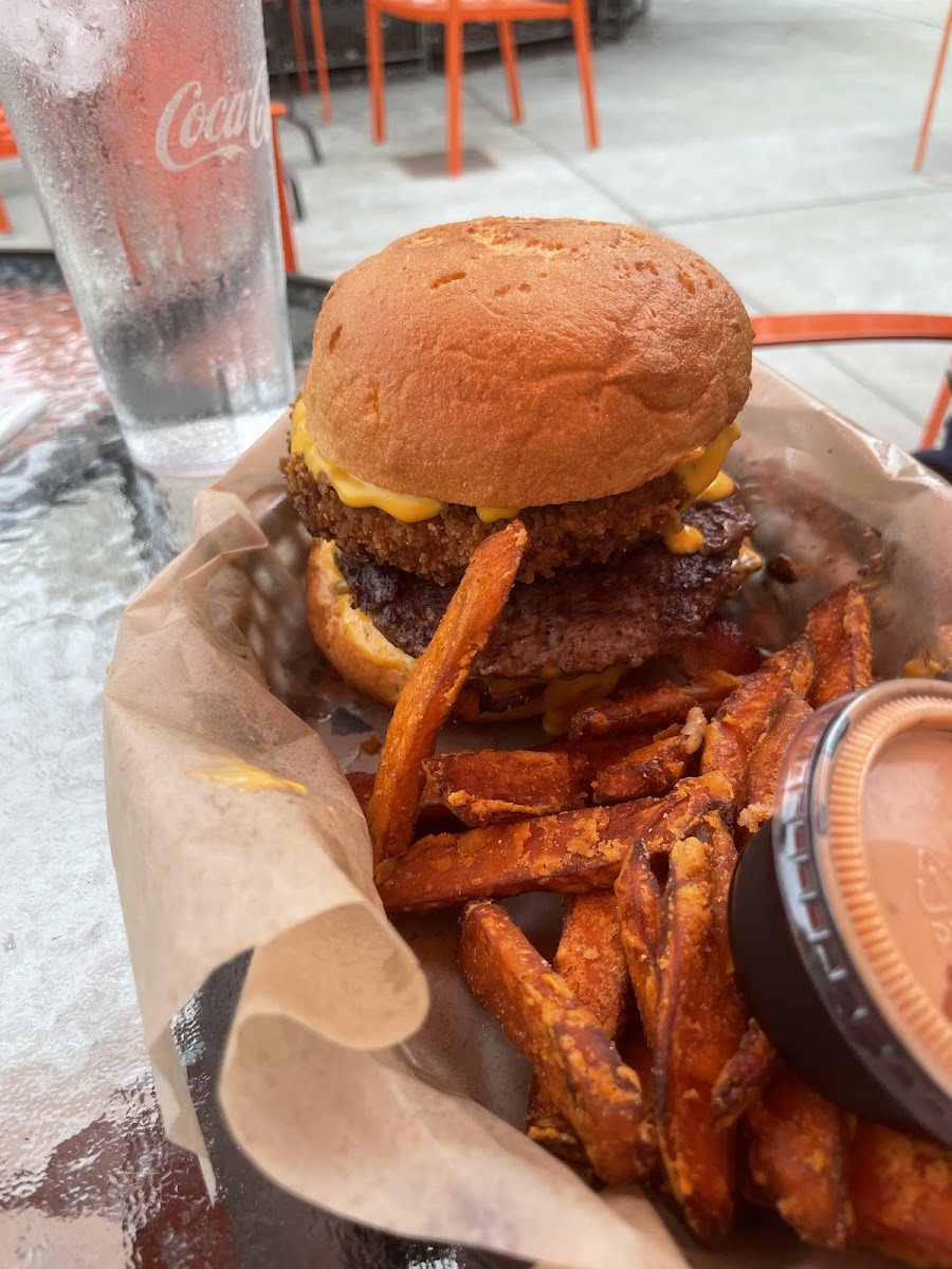 Burger with mac and cheese patty--all gf!