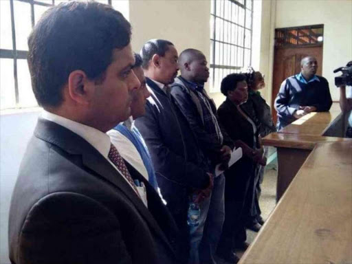 Suspects in the Solai Dam case in a Naivasha court where they were freed on Sh5 million each on charges of manslaughter, July 9, 2018. /COURTESY