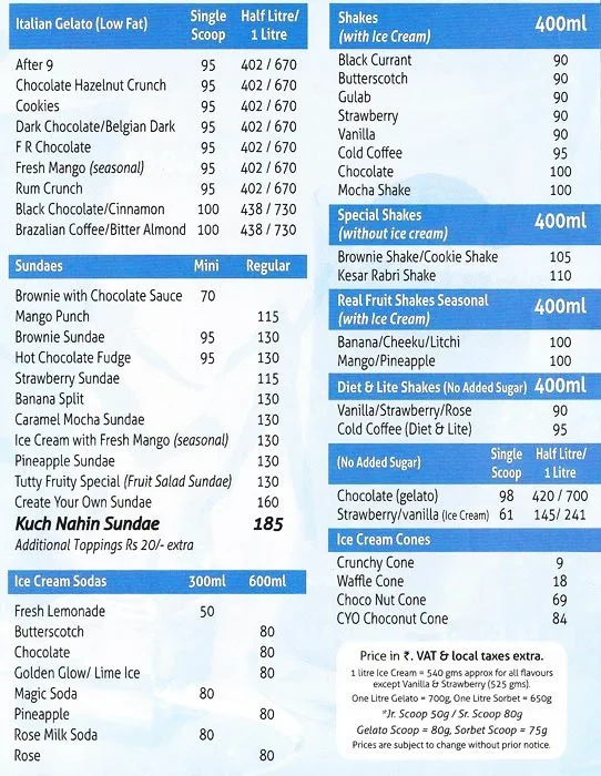 Giani's Ice Cream menu 